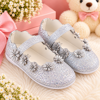 AmicaSlexia Girls White Glitter Floral Ballerina Flats