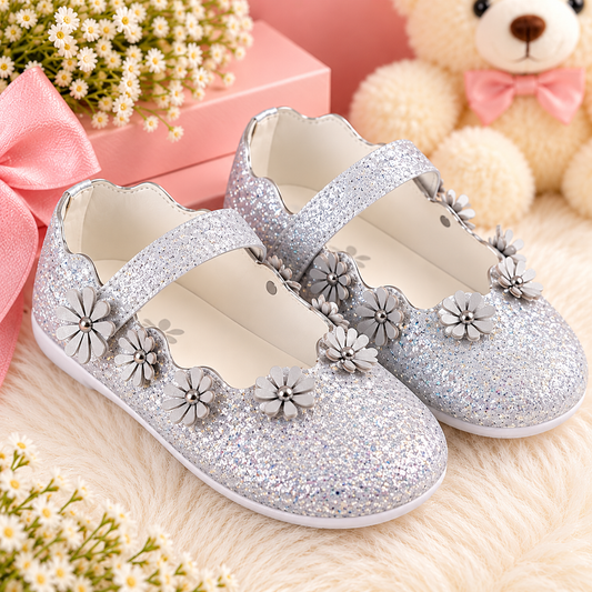 AmicaSlexia Girls White Glitter Floral Ballerina Flats