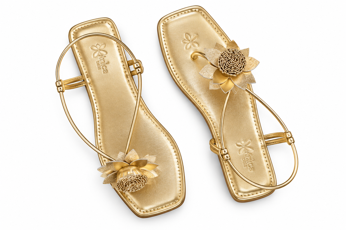 Women’s Golden Flat Sandals with Floral Embellishment