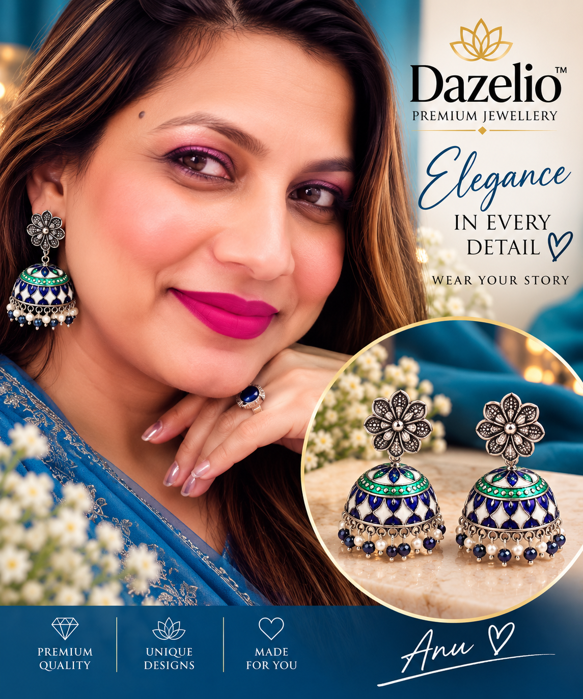 Blue & White Enamel Jhumka Earrings with Pearl & Beaded Drops