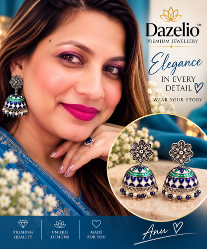 Blue & White Enamel Jhumka Earrings with Pearl & Beaded Drops