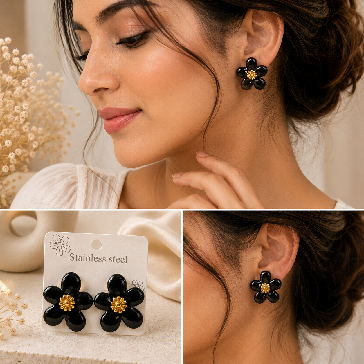 Dazelio Black Floral Stud Earrings for Women
