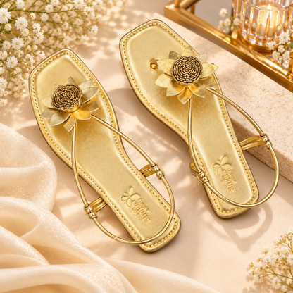Women’s Golden Flat Sandals with Floral Embellishment