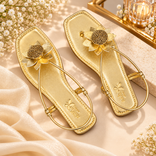 Women’s Golden Flat Sandals with Floral Embellishment