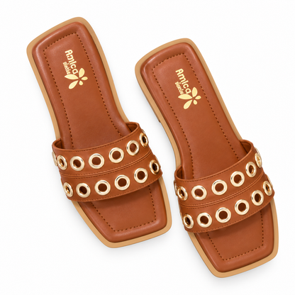 Women’s Brown Flat Sandals with Golden Eyelet Detailing