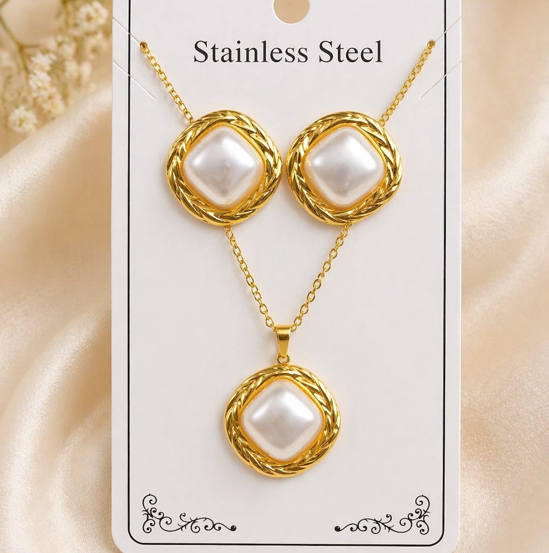 Dazelio Gold-Tone Pearl Stainless Steel Jewellery Set for Women