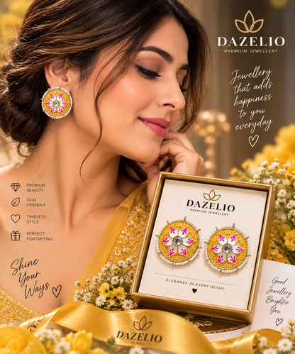 Yellow & Pink Floral Statement Earrings for Women