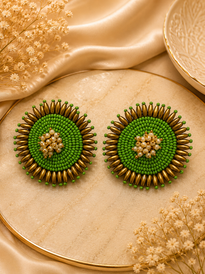 Green Sunburst Handcrafted Beaded Statement Earrings
