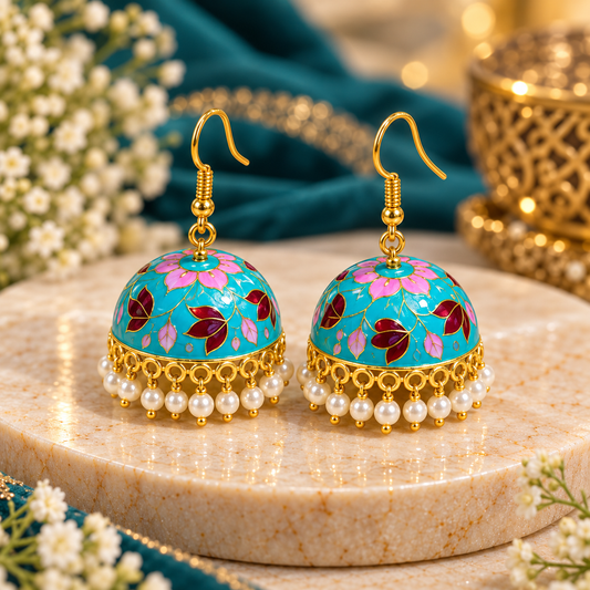 Amica Slexia Turquoise Meenakari Jhumka Earrings with Pearl Drops