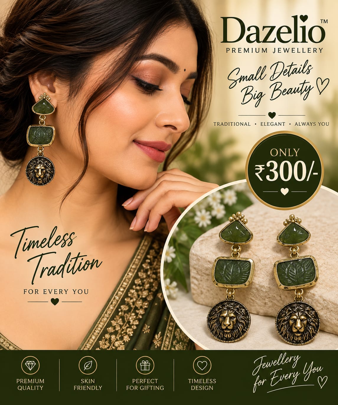 Green & Black Lion Statement Drop Earrings for Women