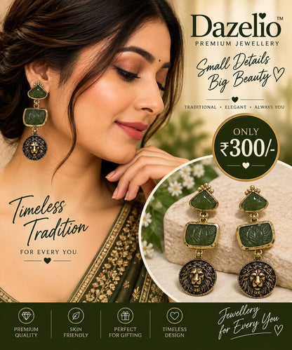 Green & Black Lion Statement Drop Earrings for Women