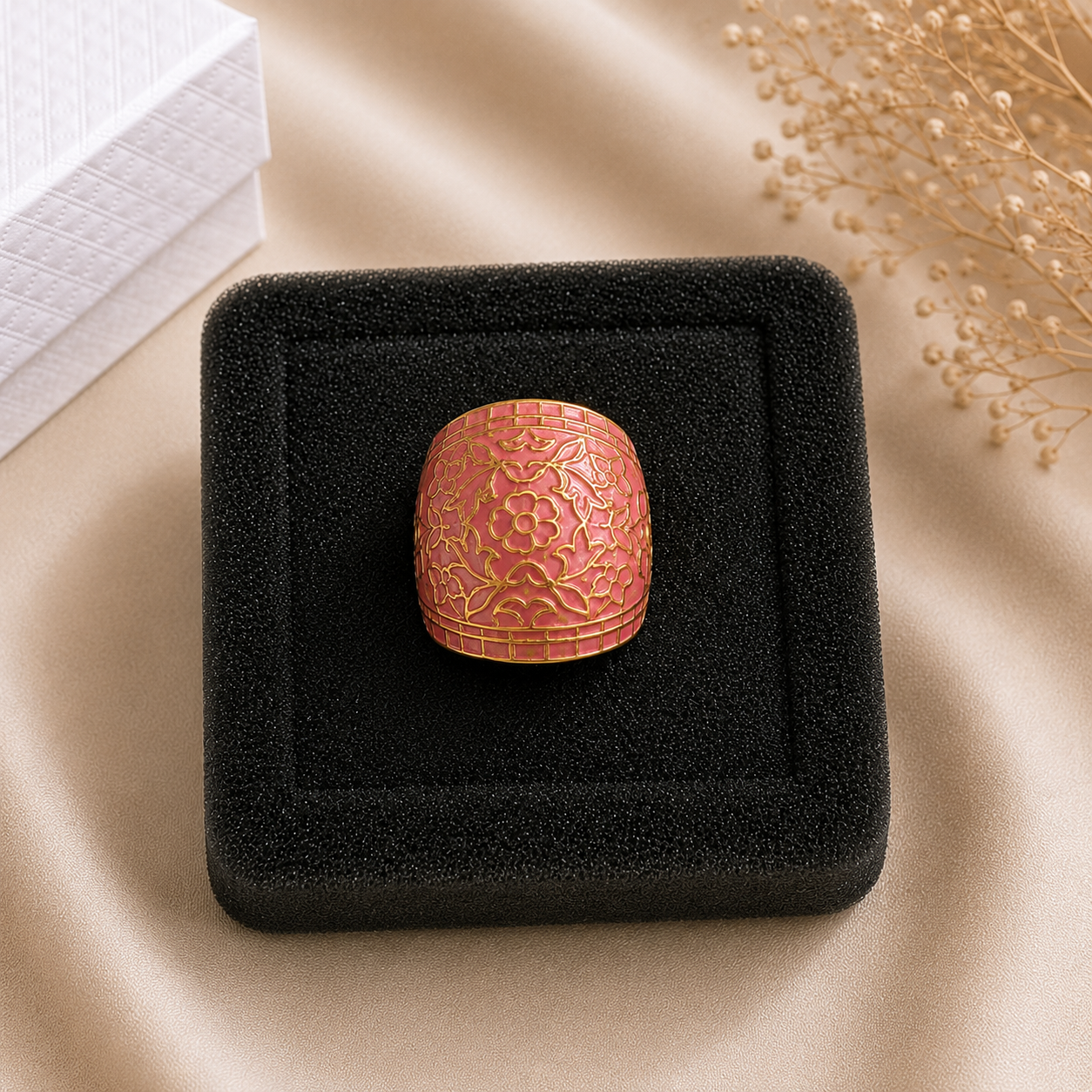 Elegant Pink & Gold Floral Statement Ring for Women