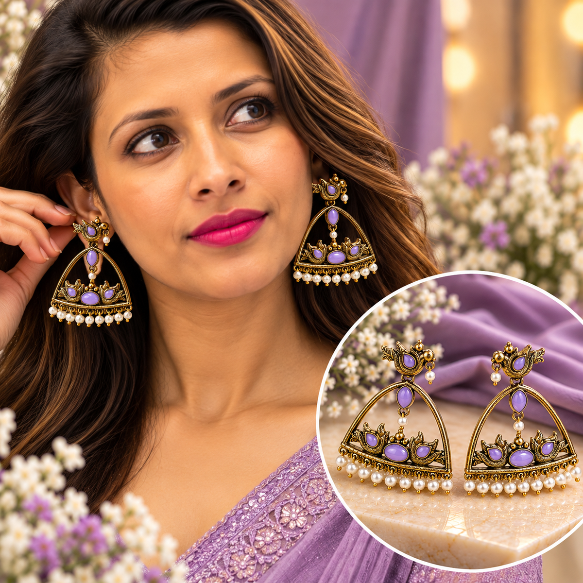 Lavender Purple Bird Design Pearl Drop Statement Earrings for Women