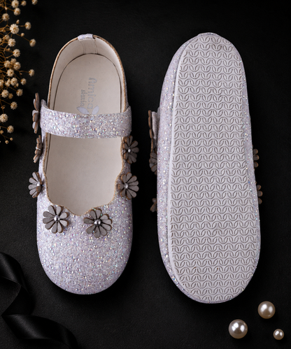 AmicaSlexia Girls White Glitter Floral Ballerina Flats