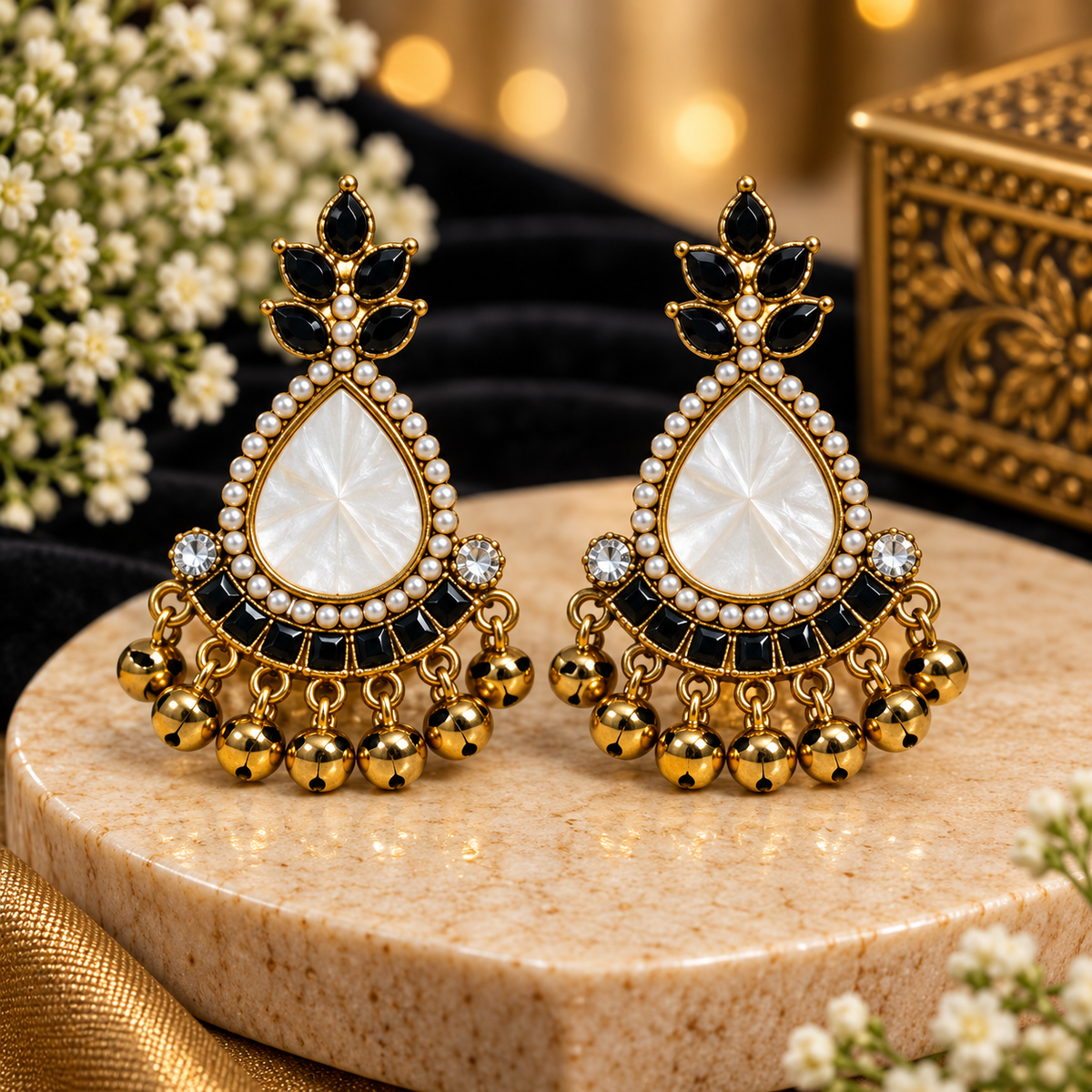 Black & White Pearl Statement Chandbali Earrings for Women
