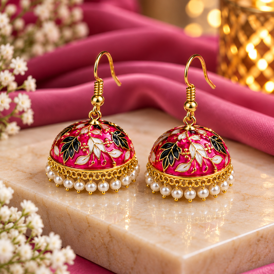 Amica Slexia Pink Meenakari Jhumka Earrings with Pearl Drops