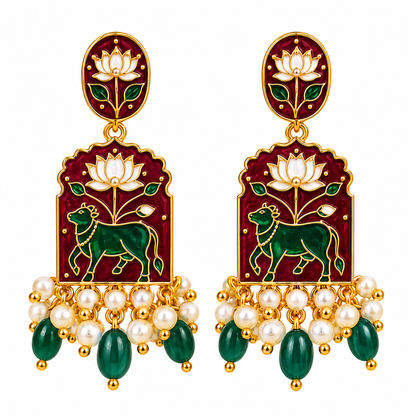 Amica Slexia Maroon & Green Lotus Elephant Statement Earrings for Women