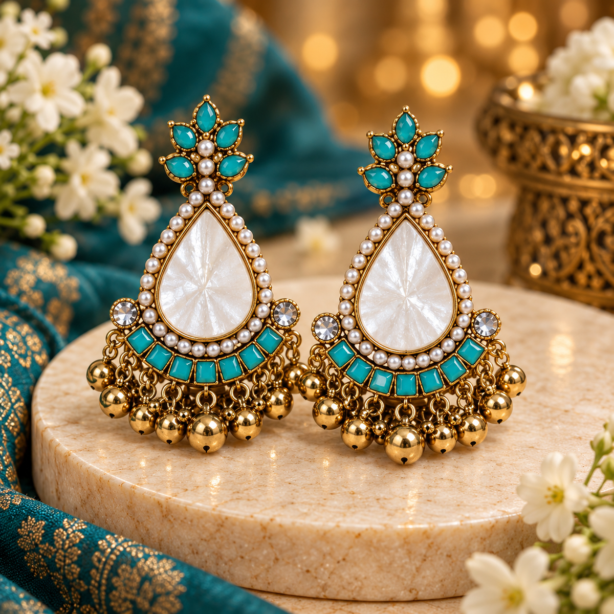 Turquoise & White Pearl Statement Chandbali Earrings for Women