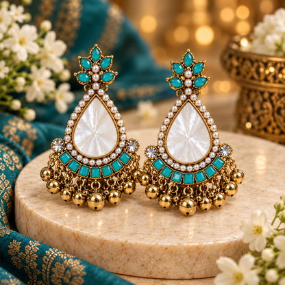 Turquoise & White Pearl Statement Chandbali Earrings for Women