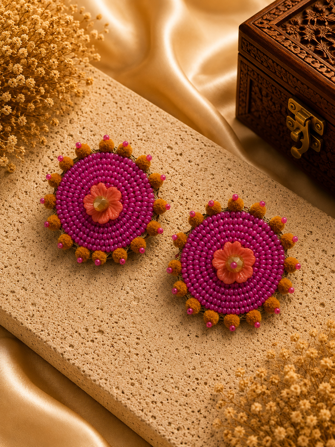 Amicaslexia Handmade Pink Floral Beaded Statement Earrings
