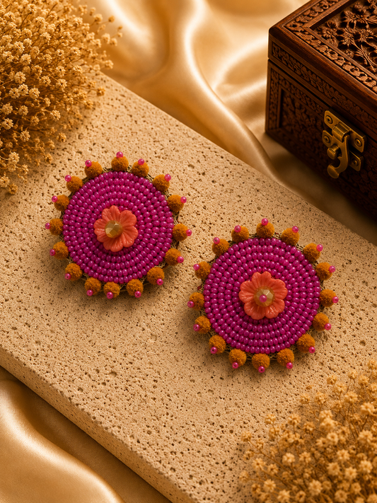 Amicaslexia Handmade Pink Floral Beaded Statement Earrings