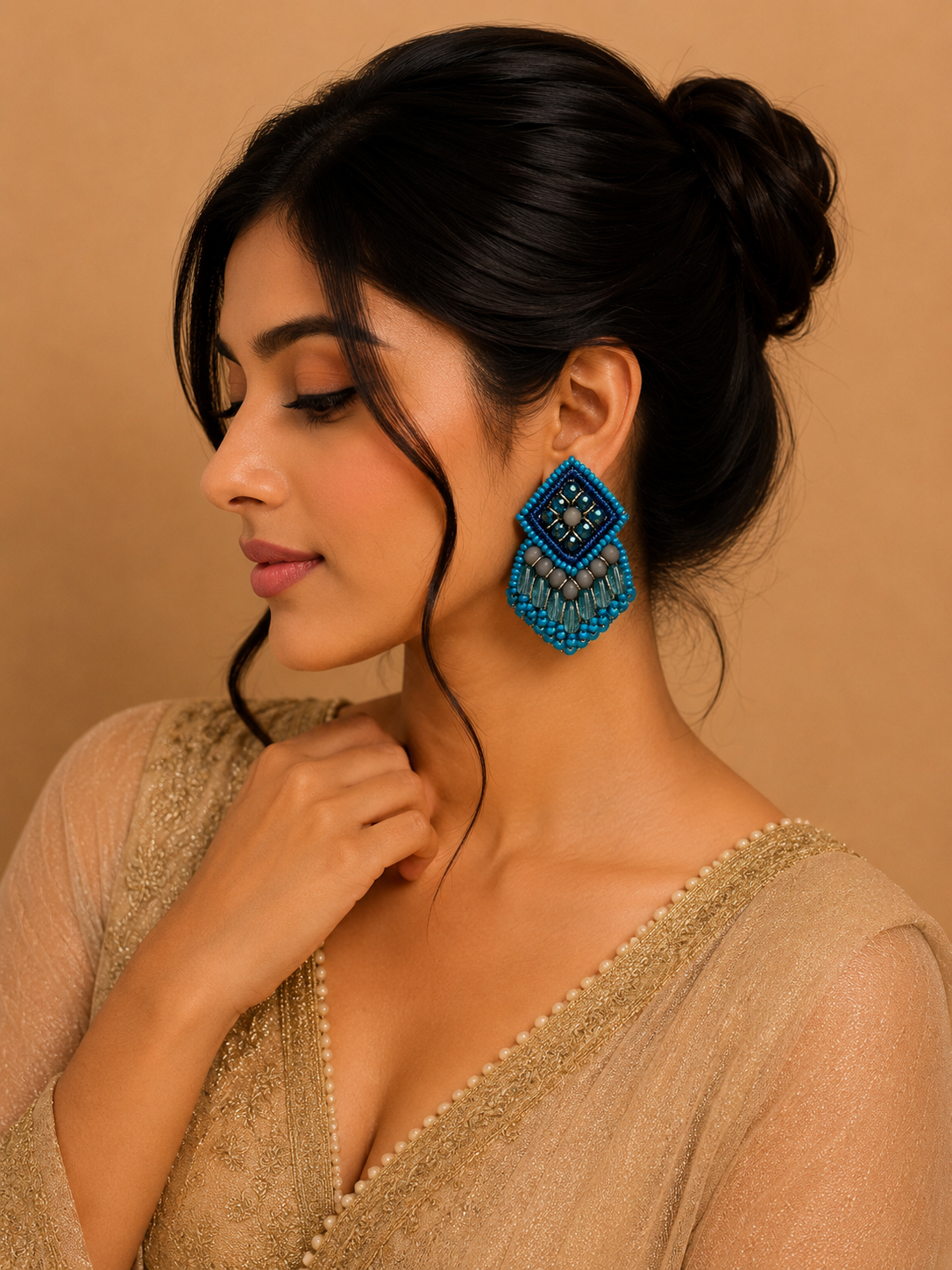 Handmade Blue Crystal Beaded Statement Earrings
