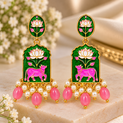 Pink & Blue Lotus Elephant Statement Earrings for Women