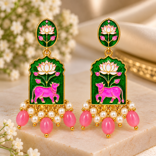 Pink & Blue Lotus Elephant Statement Earrings for Women