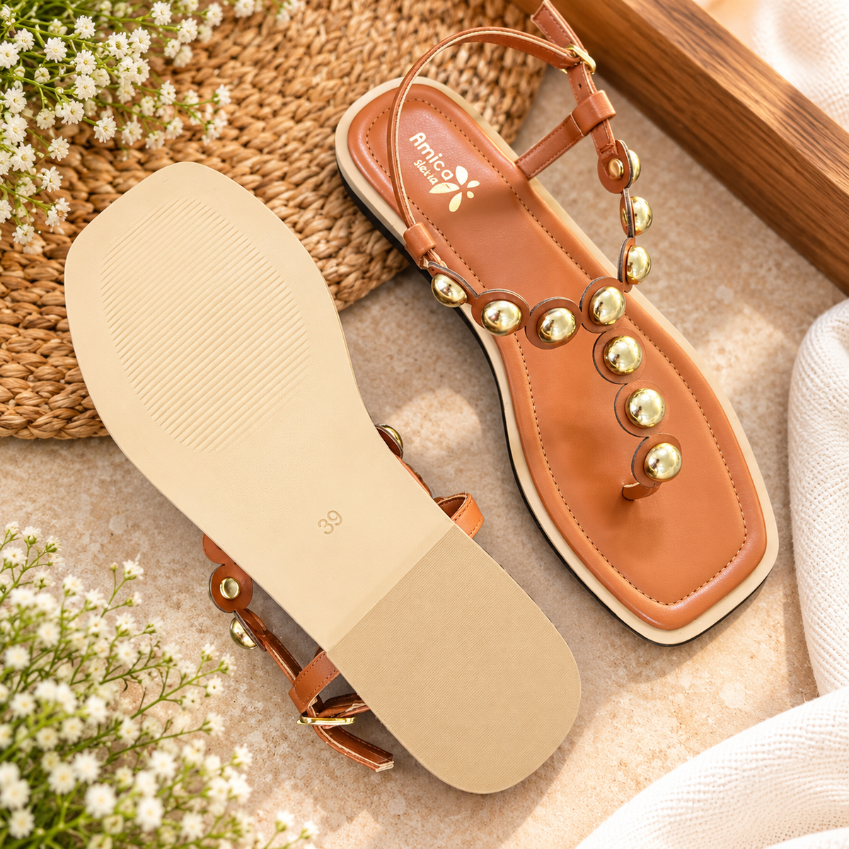 Women's Tan Flat Sandals with Golden Stud Embellishments