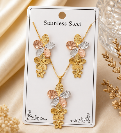 Women's Premium Tri-Tone Floral Pendant Necklace & Drop Earrings Set