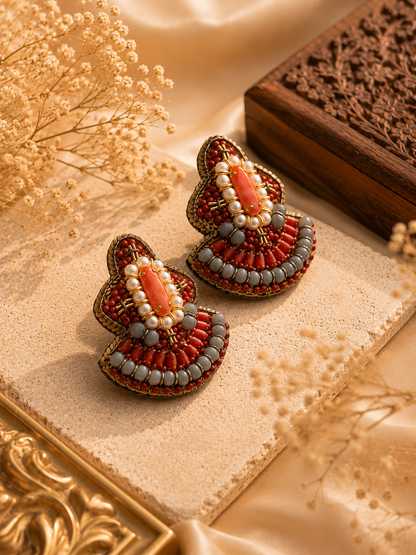 Amicaslexia Coral Pearl Handcrafted Statement Earrings