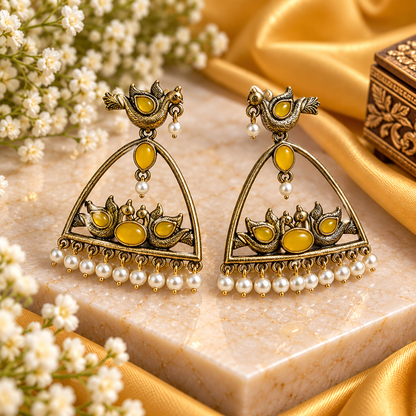 Traditional Kundan-Inspired Bird Design Pearl Drop Earrings for Women