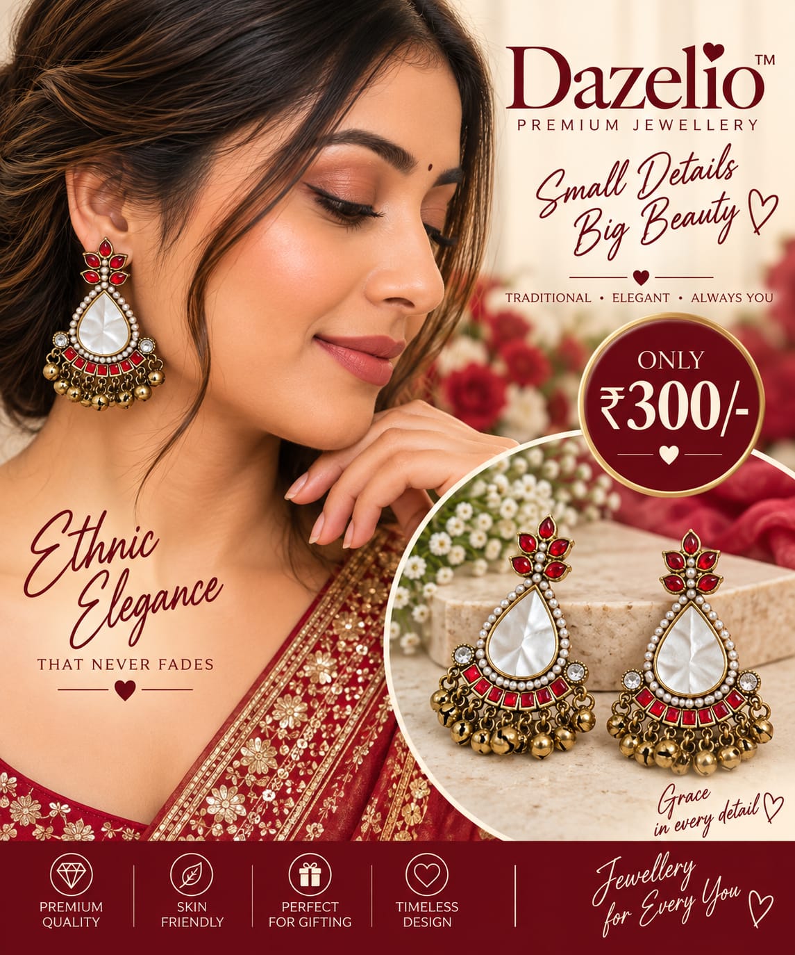 Red & White Pearl Statement Chandbali Earrings for Women