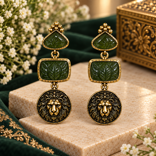 Green & Black Lion Statement Drop Earrings for Women