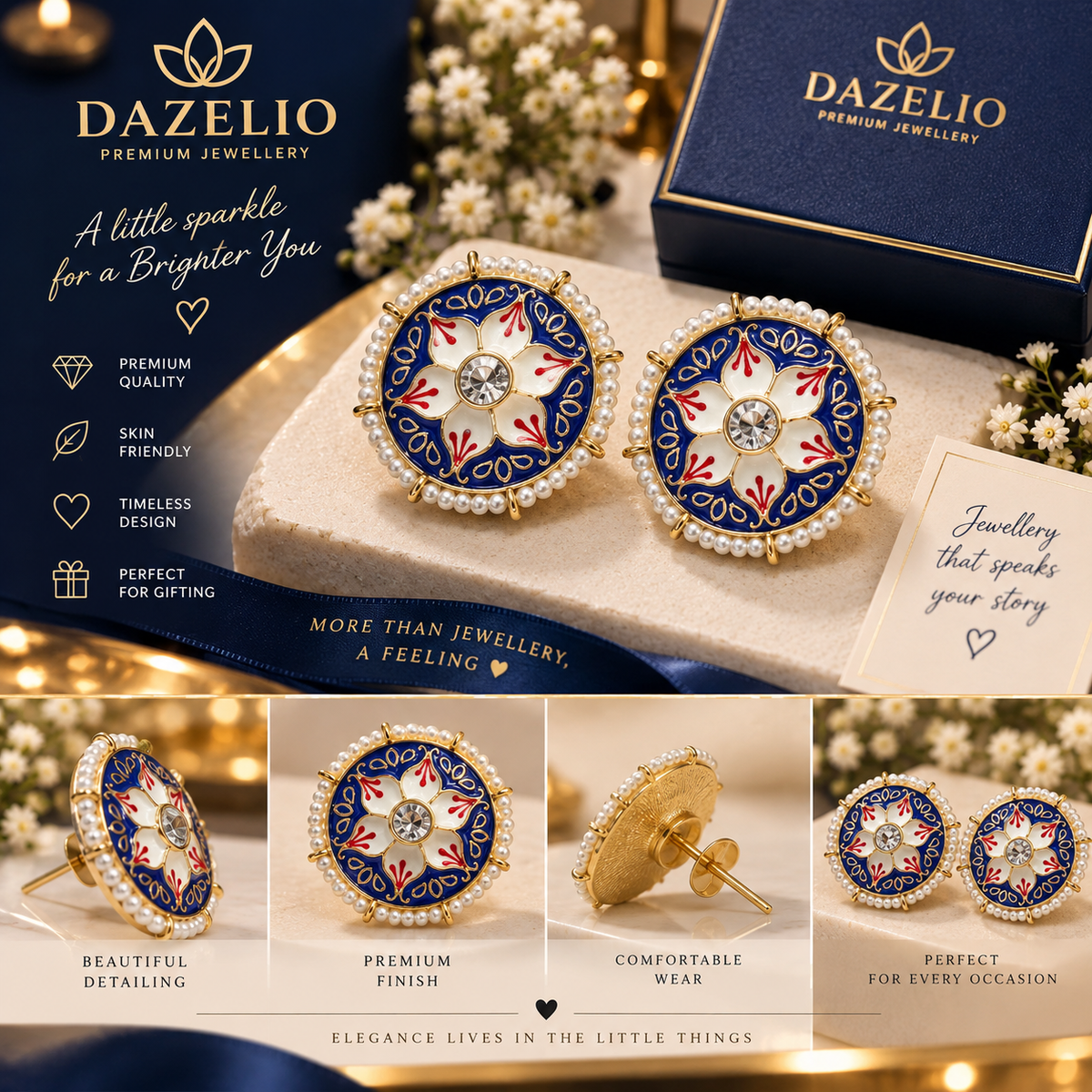 Amica Slexia Royal Blue & Gold Kundan-Style Pearl Earrings