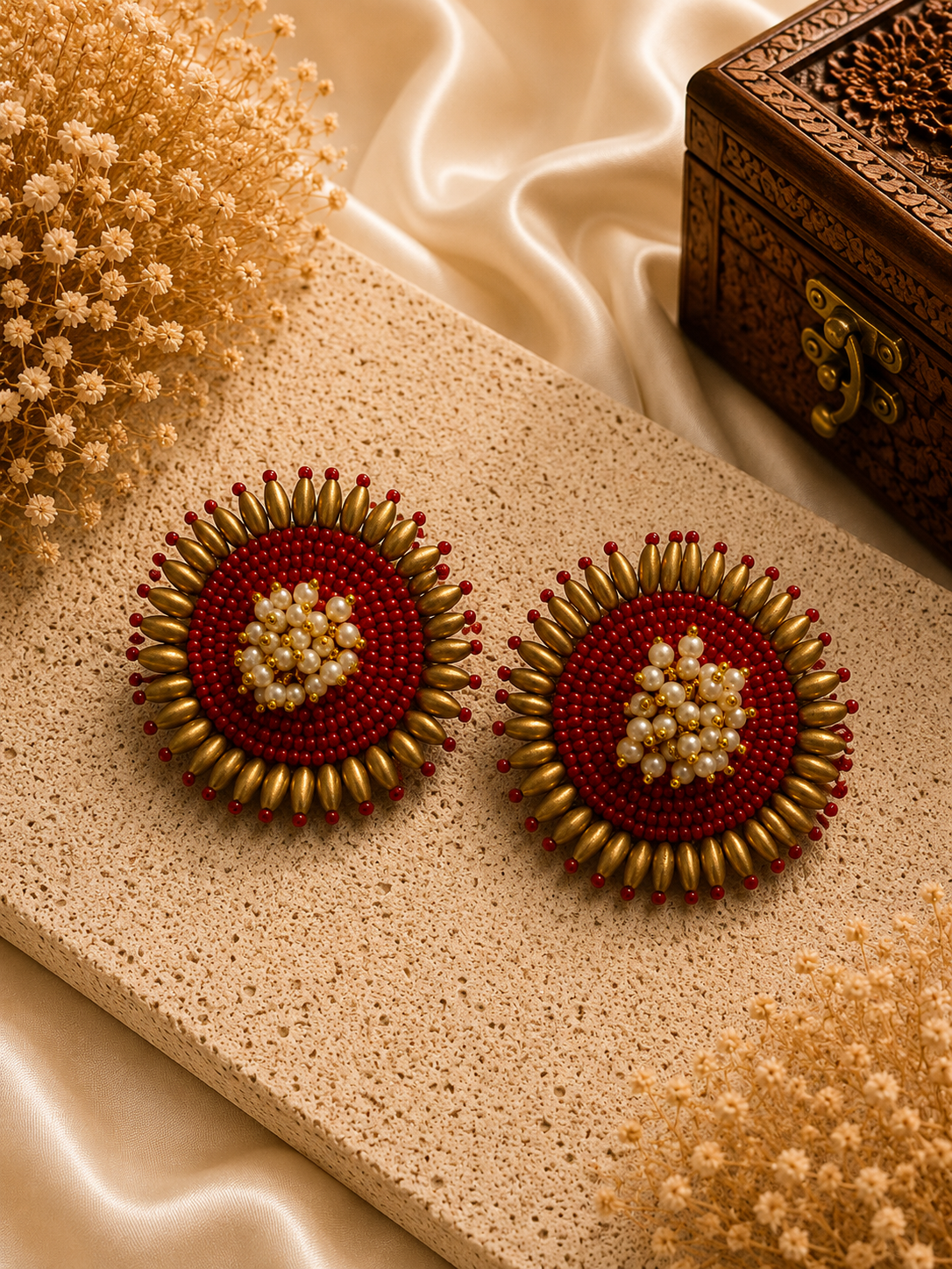 Amicaslexia Handmade Red & Gold Pearl Statement Earrings