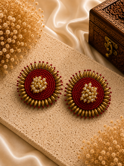 Amicaslexia Handmade Red & Gold Pearl Statement Earrings