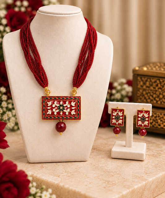 Red Meenakari Multi-Strand Necklace & Earrings Set for Women