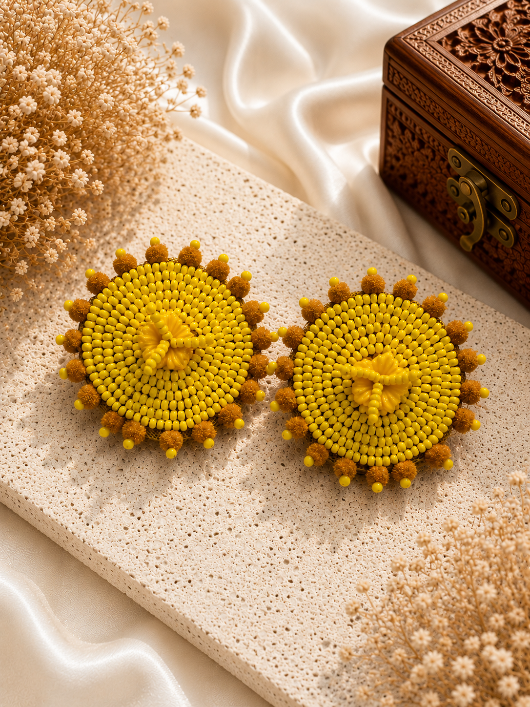 micaslexia Handmade Yellow Beaded Floral Statement Earrings