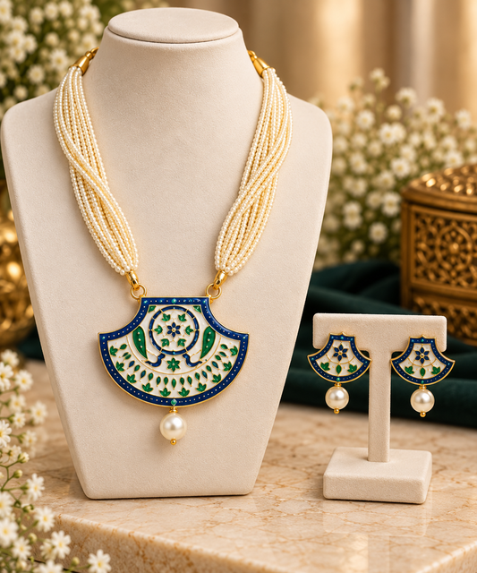 Blue & White Meenakari Multi-Strand Necklace & Earrings Set for Women