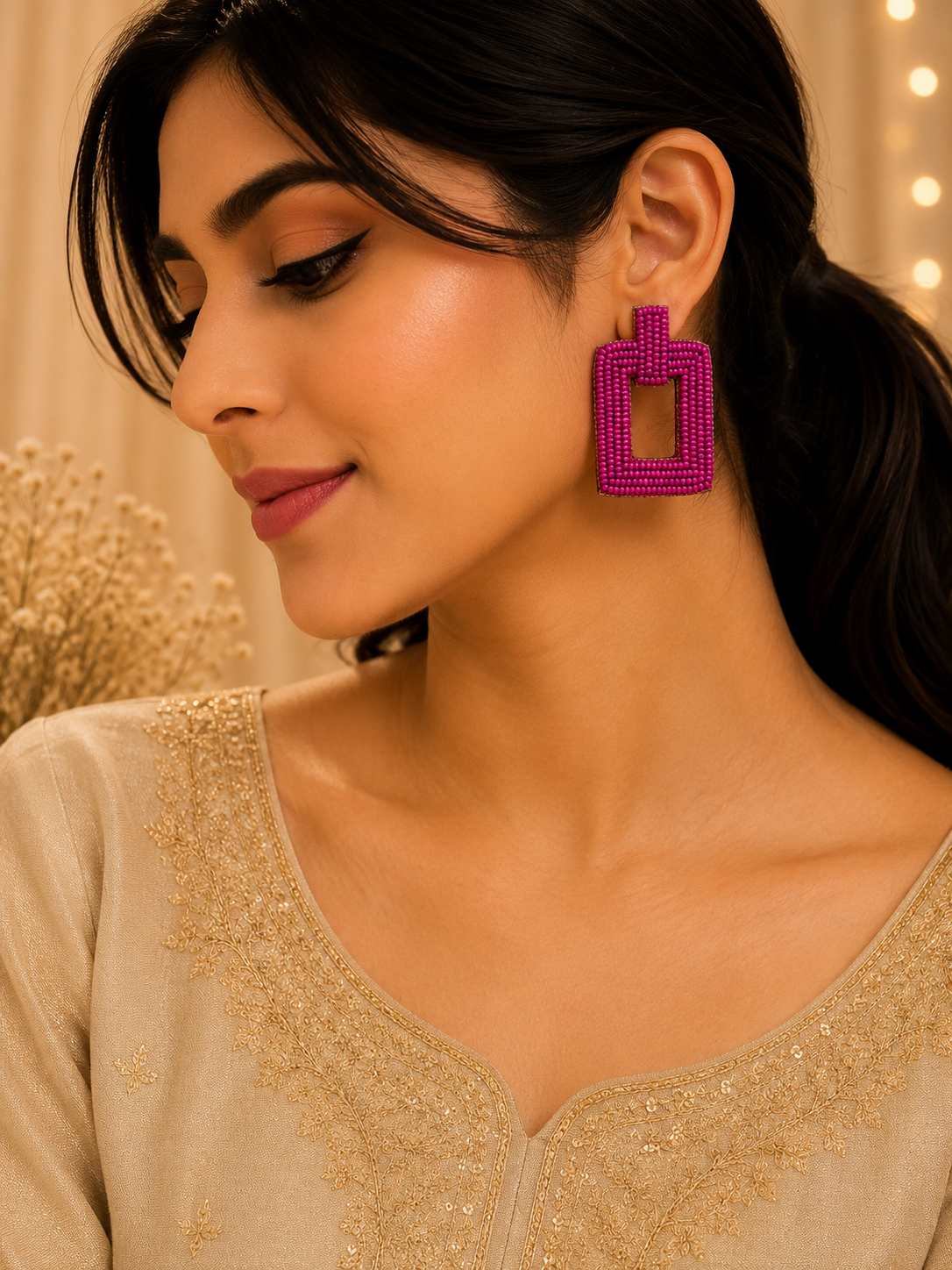 Amica Slexia Fuchsia Beaded Geometric Statement Earrings