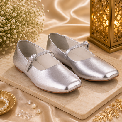 Women’s Silver Metallic Strap Ballerinas Flats