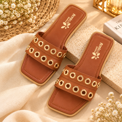 Women’s Brown Flat Sandals with Golden Eyelet Detailing