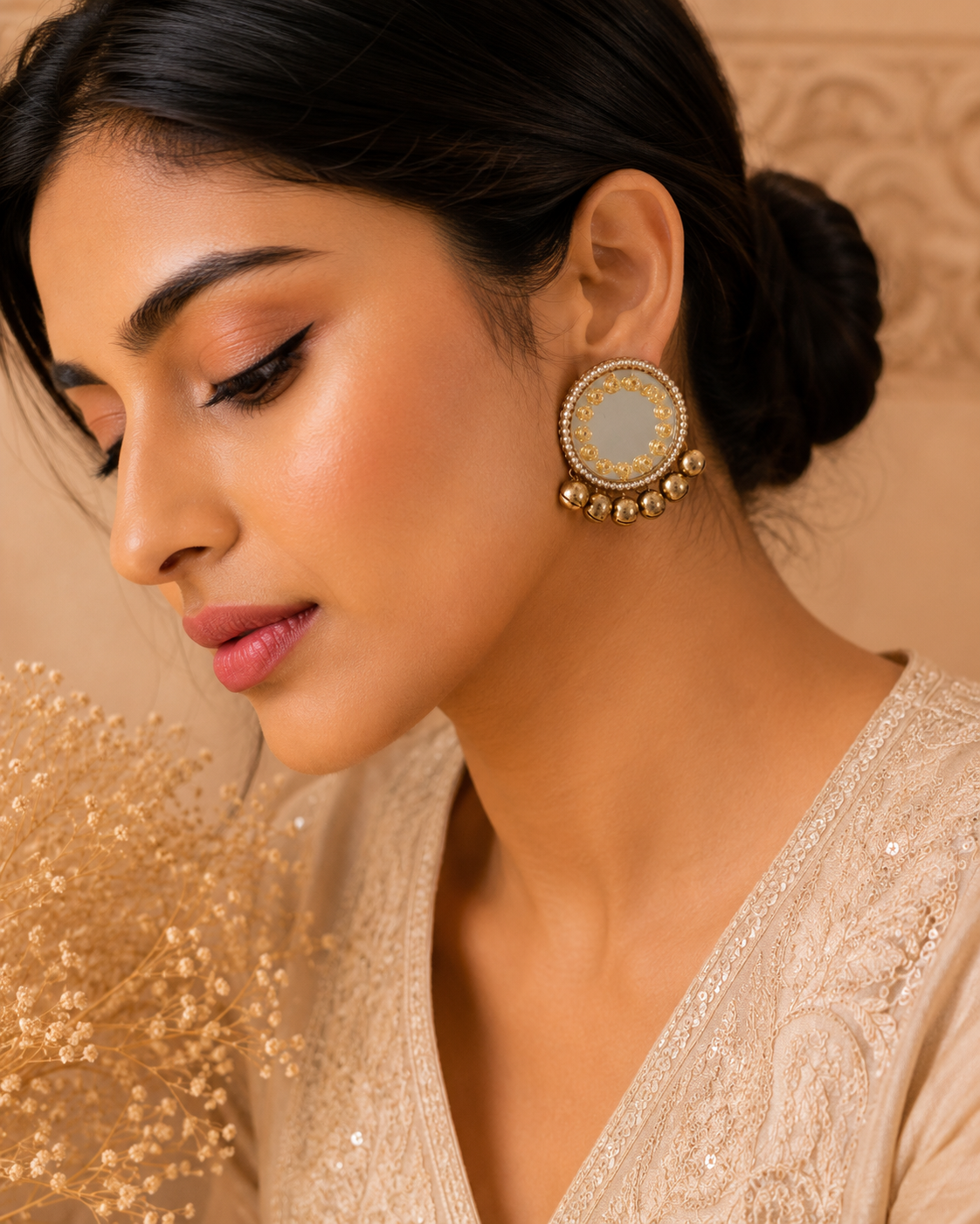 Pearl Mirror Ghungroo Statement Earrings