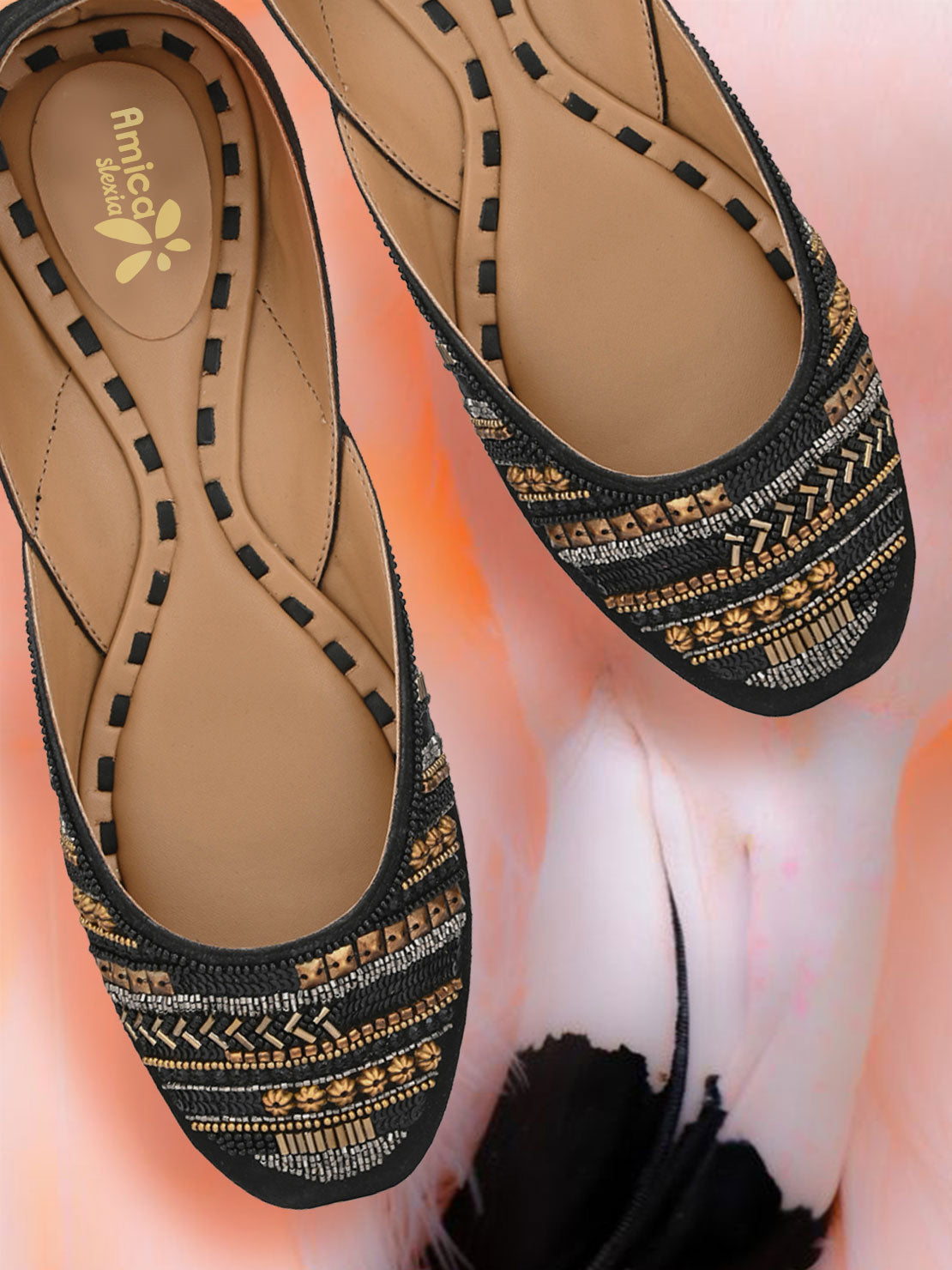 Amica Slexia Black & Gold Hand-Embroidered Premium Women’s Jutti