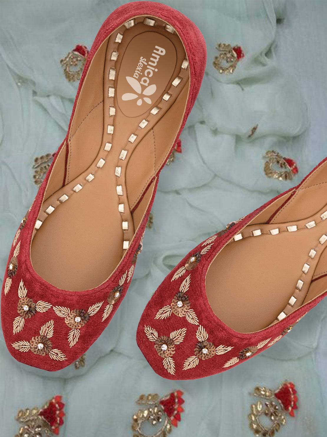 Cherry Red Hand-Embroidered Ethnic Jutti for Women
