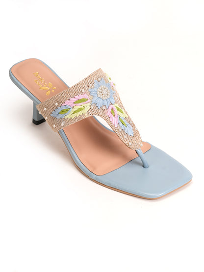 Women’s Blue Embroidered Ethnic Heeled Slip-On Sandals