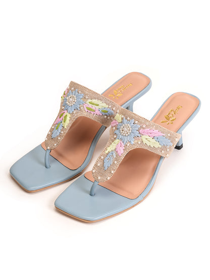 Women’s Blue Embroidered Ethnic Heeled Slip-On Sandals