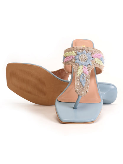 Women’s Blue Embroidered Ethnic Heeled Slip-On Sandals