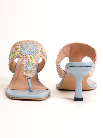 Women’s Blue Embroidered Ethnic Heeled Slip-On Sandals